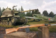 A rifle rests in the foreground while a tank and Soviet aircraft appear in an Enlisted battlefield scene