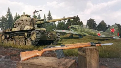 A rifle rests in the foreground while a tank and Soviet aircraft appear in an Enlisted battlefield scene