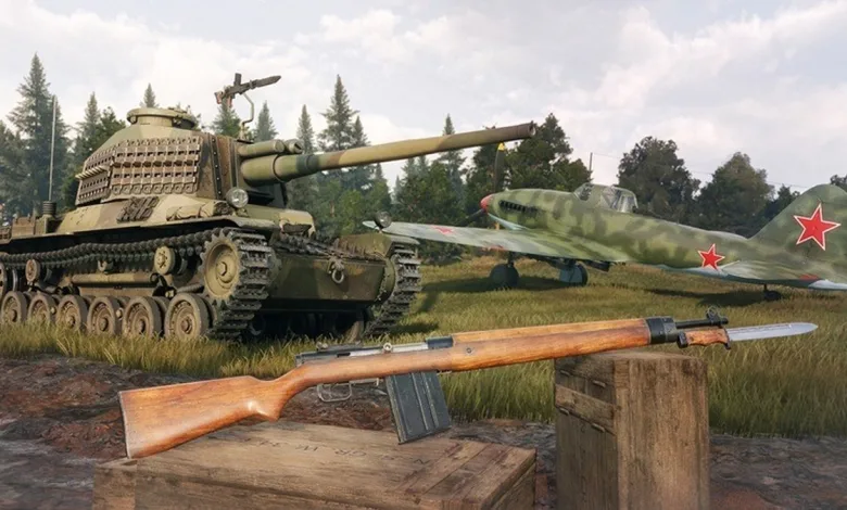 A rifle rests in the foreground while a tank and Soviet aircraft appear in an Enlisted battlefield scene