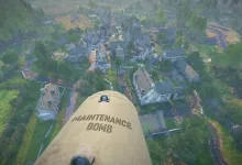 An Enlisted aircraft drops a bomb labeled “MAINTENANCE BOMB” over a village battlefield