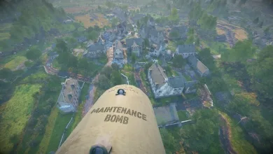 Enlisted gameplay showing a maintenance bomb flying over a village