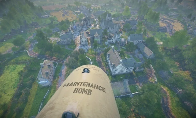 Enlisted gameplay showing a maintenance bomb flying over a village