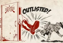 Illustration showing a soldier being thrown through a door beneath the Enlisted Outlisted logo