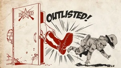 Illustration showing a soldier being thrown through a door beneath the Enlisted Outlisted logo