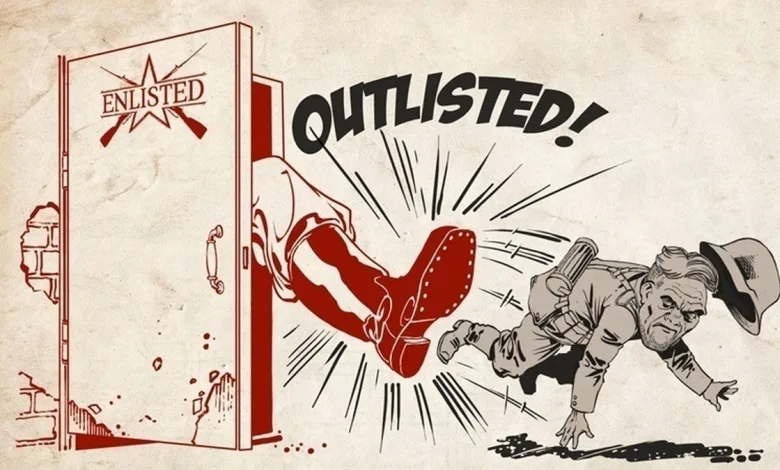 Illustration showing a soldier being thrown through a door beneath the Enlisted Outlisted logo