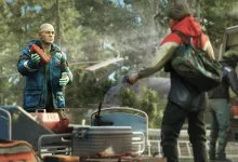 Two Escape from Tarkov characters meet outdoors near vehicles and equipment