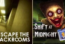 Split image showing a yellow backrooms corridor on the left and a grinning horror character holding identification cards on the right, with the titles Escape the Backrooms and Shif