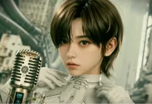Evie in a white futuristic outfit beside a vintage microphone