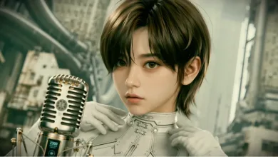 Evie in a white futuristic outfit beside a vintage microphone