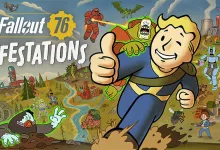 Illustrated Fallout 76 scene featuring Vault Boy running through an infested wasteland