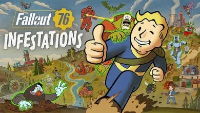 Illustrated Fallout 76 scene featuring Vault Boy running through an infested wasteland