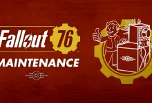 Fallout 76 Maintenance graphic featuring the game's logo and a cartoon Vault Boy beside a radio