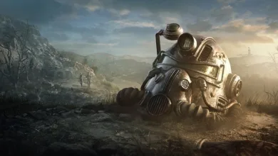 A Fallout 76 power armor helmet rests in a wasteland landscape beneath a cloudy sky