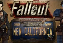 Fallout: New California logo artwork featuring two characters and a New California sign