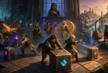 A group of fantasy adventurers manipulates glowing blocks across interconnected puzzle realms filled with portals, monsters, and magical structures.