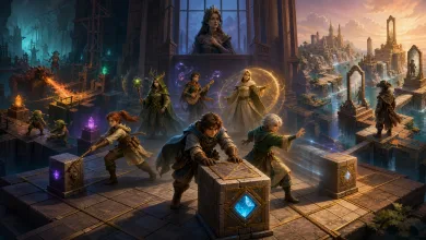 A group of fantasy adventurers manipulates glowing blocks across interconnected puzzle realms filled with portals, monsters, and magical structures.