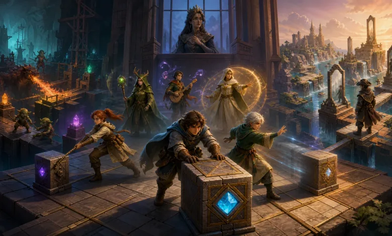 A group of fantasy adventurers manipulates glowing blocks across interconnected puzzle realms filled with portals, monsters, and magical structures.