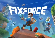 FixForce repair robots stand amid floating tools and ruined city structures