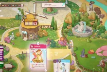 A colorful Flamecraft town with a shop, dragon statue, paths, trees, and gameplay cards visible
