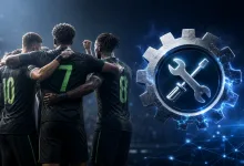 Football players huddle beside a glowing gear with wrench and screwdriver icons, symbolizing a Clubs matchmaking fix in EA Sports FC 26.