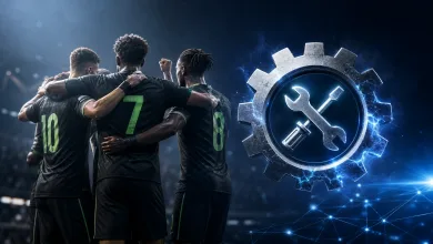 Football players huddle beside a glowing gear with wrench and screwdriver icons, symbolizing a Clubs matchmaking fix in EA Sports FC 26.