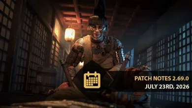 Tattooed For Honor warrior seated in a wooden interior with the text “Patch Notes 2.69.0” and “July 23rd, 2026”