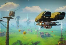 A large yellow airship floats above a green post-apocalyptic landscape in Forever Skies