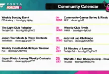Forza Horizon 6 Community Calendar listing ongoing events and races on July 21 and July 25