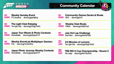 Forza Horizon 6 Community Calendar listing ongoing events and races on July 21 and July 25