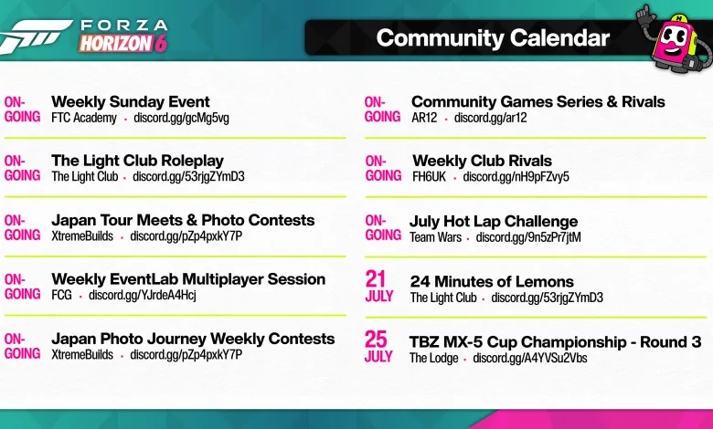 Forza Horizon 6 Community Calendar listing ongoing events and races on July 21 and July 25