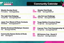 Forza Horizon 6 Community Calendar listing ongoing activities and races on July 30 and August 1