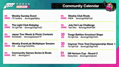 Forza Horizon 6 Community Calendar listing ongoing activities and races on July 30 and August 1