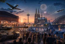 A crowd gathers beside a tank and warships in Cologne at sunset, with Cologne Cathedral, the Rhine bridge, fireworks, and aircraft in the background.