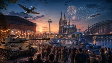 A crowd gathers beside a tank and warships in Cologne at sunset, with Cologne Cathedral, the Rhine bridge, fireworks, and aircraft in the background.