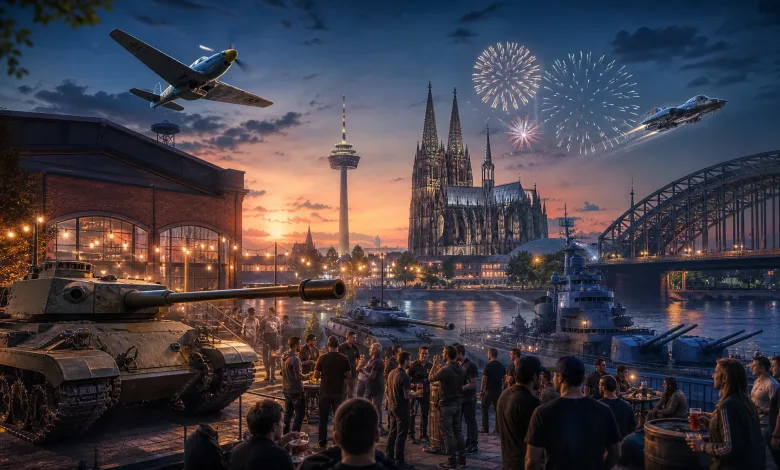 A crowd gathers beside a tank and warships in Cologne at sunset, with Cologne Cathedral, the Rhine bridge, fireworks, and aircraft in the background.