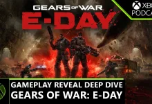 Three armored Gears of War: E-Day characters stand amid explosions, smoke, vehicles, and Locust-invasion chaos.