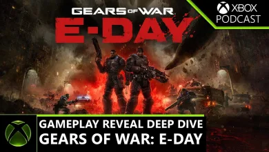 Three armored Gears of War: E-Day characters stand amid explosions, smoke, vehicles, and Locust-invasion chaos.