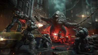 Gears of War: E-Day soldiers battle a large Locust creature in a ruined city street