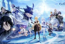 Genshin Impact's Traveler and other characters gathered in a bright snowy fantasy landscape for Version 7.0.