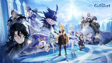 Genshin Impact's Traveler and other characters gathered in a bright snowy fantasy landscape for Version 7.0.