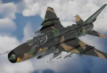 German-camouflaged Su-22M4 fighter-bomber carrying weapons in flight