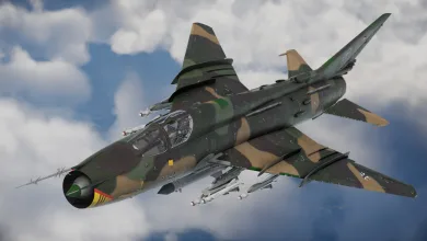 German-camouflaged Su-22M4 fighter-bomber carrying weapons in flight