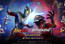 Ultraman Zero and Ultraman Belial face off in colorful GigaBash key art surrounded by other Ultraman characters