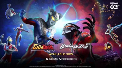 Ultraman Zero and Ultraman Belial face off in colorful GigaBash key art surrounded by other Ultraman characters