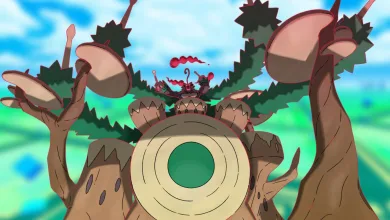 Gigantamax Rillaboom towering among trees in Pokémon GO