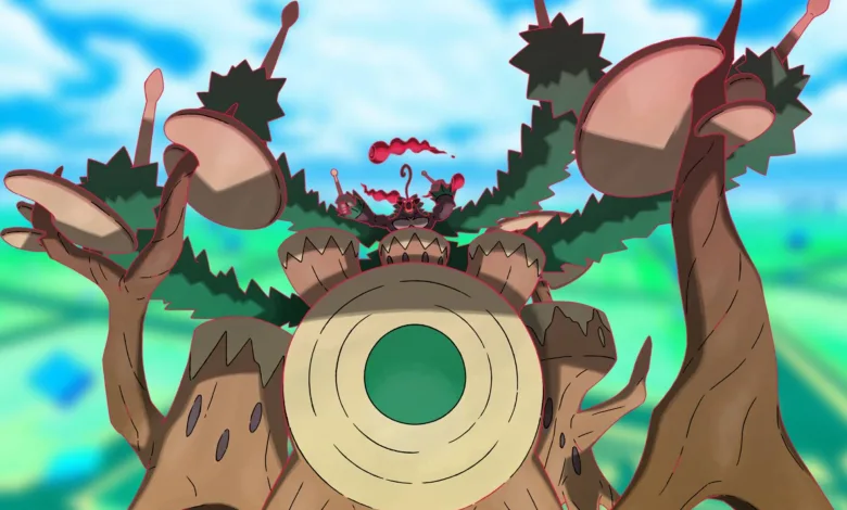 Gigantamax Rillaboom towering among trees in Pokémon GO