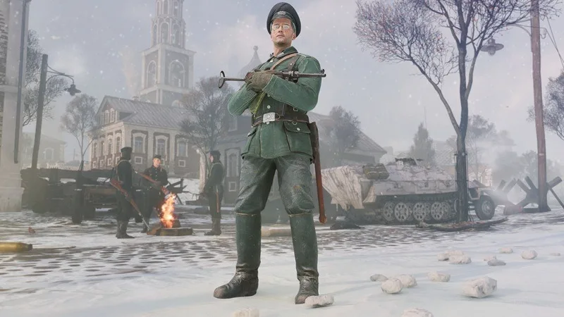 Gottlob Binnermann standing with a rifle in a snowy battlefield