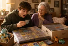 A young Pokémon fan and his grandmother examine a large collection of vintage trading cards and related toys at a table.