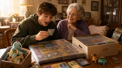A young Pokémon fan and his grandmother examine a large collection of vintage trading cards and related toys at a table.
