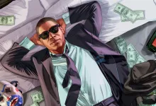 A suited GTA Online character reclines on a bed surrounded by dollar bills, a champagne bottle, and other luxury items